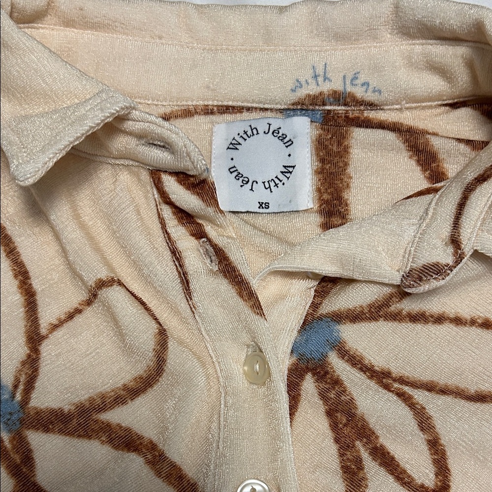 WITH JEAN Andy “Chalk & Flowers” Long Sleeve Cream Collar Button Mini Dress. - Picture 9 of 16